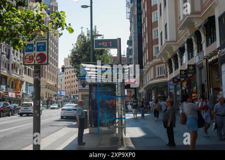 Madrid, Spanien. August 2024. Ein Thermometer misst 41 Grad Celsius im Zentrum von Madrid. Spanien leidet heutzutage unter aufeinanderfolgenden Hitzewellen. (Foto: David Canales/SOPA Images/SIPA USA) Credit: SIPA USA/Alamy Live News Stockfoto