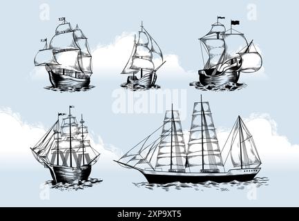 Piratenschiff. Altes Segelboot. Handgezeichnetes Segelboot im Sturm. Alte See- oder Seeschifffahrt. Holzfregatte. Gravur Karabel auf Wellen. Cors Stock Vektor