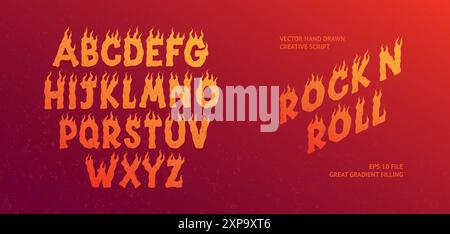 Rock n Roll Schriftart. Musikalphabet oder Logo für Großbuchstaben aus Punkmetall. Feuriger Schriftsatz. Plakatschrift mit Vintage-Typografie. Brennende Flamme Schriftart des Stock Vektor