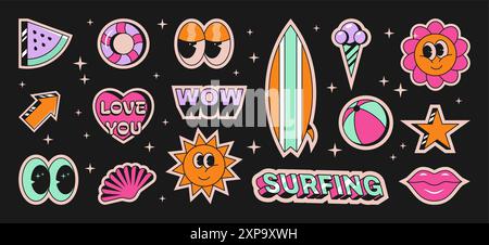 Retro-Aufkleber. Cooles Vintage-Lächeln. Fun- und Jugendmode-Label. Niedlicher positiver 80er-Aufnäher. Süße Comickunst. Blume Emoji. Seesurfen im Sommer. Fruchteis Stock Vektor