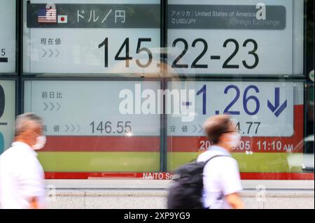 Tokio, Japan. August 2024. Ein Fußgänger kommt am Montag, 5. August 2024, vor einer Devisenbörse in Tokio vorbei. Der US-Dollar wird am Tokioter Devisenmarkt zu 145 Yen gehandelt. (Foto: Yoshio Tsunoda/AFLO) Stockfoto