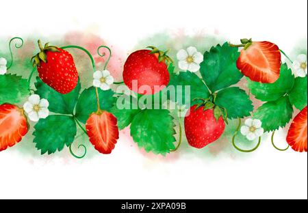 Ein nahtloses Randdesign mit einer wunderschönen Aquarellillustration von Erdbeeren, grünen Blättern und weißen Blumen. Isoliertes Objekt auf weißem Hintergrund für die Gestaltung einer Broschüre, eines Flyers, eines E-Pakets, eines Etiketts oder einer Werbung. Digitale Kunst im Aquarellstil. Stockfoto