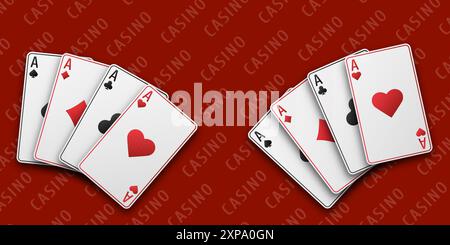 Casino-Konzept. Fans von Karten mit Handspielen. Roter Spieltisch. Asse mit dem Anzug aus Herzen, Schlägern, Diamanten und Pik. Vetor-Abbildung. Stock Vektor