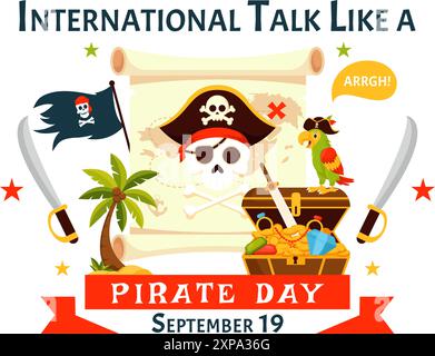 International Talk like a Pirate Day Vector Illustration mit niedlichen Pirate Cartoon Charakteren und dekorativen Elementen im flachen Stil Cartoon Hintergrund Stock Vektor