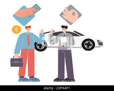 Kaufen eines Autos kaufen Käufer verkaufen verkaufen Autovertrag bezahlen für Autohändler Kfz-Transport Kauf Kauf Transport Neuwagen kaufen Stock Vektor