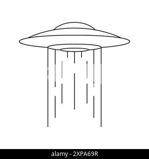 Y2K UFO Untertasse Alien Raumschiff mit futuristischer Lichtbeleuchtung Umriss Icon Vektor Illustration. Science Fiction humanoides Invasionsgefäß f Stock Vektor
