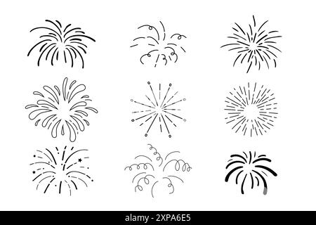 Feuerwerk und Rakete, Salute mit Explosion, Licht und festliche Explosionen im Doodle-Stil. Handgezeichnete Funken, Feuerwerkskörper auf weißem Hintergrund. Party, Feiern, Veranstaltung. Vektorabbildung Stock Vektor