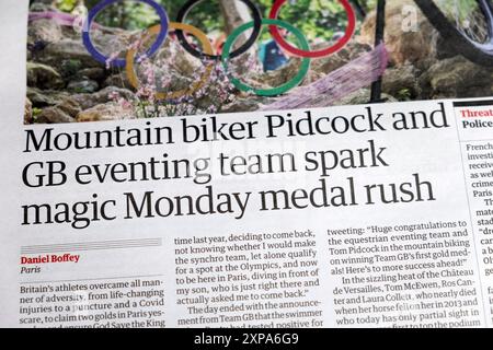 „Mountain Biker Pidcock and GB Eventing Team Spark Magic Monday Medal Rush“ Guardian Zeitung Schlagzeile 30 Juli 2024 London UK Stockfoto