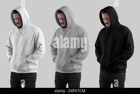 Vorlage weiß, schwarz, heikterwarm Hoodie auf bärtigen Mann in der Kapuze mit Händen in der Tasche, Männerbekleidung, Vorderansicht, für Design. Streetwear-Set, isoliert Stockfoto