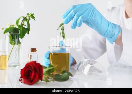 Aromatherapeutikum. Wissenschaftler, der ätherische Öle am weißen Tisch im Labor entwickelt, Nahaufnahme Stockfoto