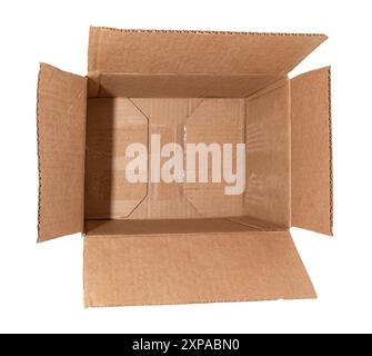 Leeren Sie den offenen Karton auf weißem Hintergrund. Paket. Isolieren Sie die Papierkästen Stockfoto