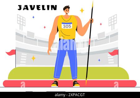 Vektorillustration eines Javelin-Thrower-Athleten mit einem langen Speer-förmigen Werkzeug, um so weit wie möglich in einen flachen Hintergrund für Sportaktivitäten zu werfen Stock Vektor