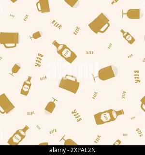 Bierflasche, Gläser und das Wort Bier nahtlose Vektormuster Hintergrund. Handgezeichnete alkoholische Getränkeflaschen, Schaum-Bierbecher und Text-Hintergrund Stock Vektor