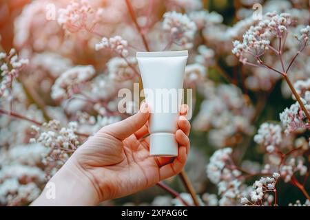 Das Konzept der Schönheitsprodukte Creme. Weibliche Hand, die weiße Modellröhre des Gesichts oder der Körpercreme auf Blumenhintergrund hält. Stockfoto