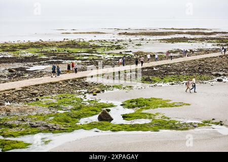 Touristen wandern auf dem Granitdamm von Marazion zur Tidal Island St. Michaels's Mount, Marazion, Cornwall, England Stockfoto