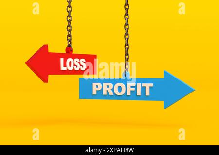 Übernahme von Geschäftsrisiken und Wahl zwischen Gewinn oder Verlust. Richtungspfeile mit den Worten Profit und Loss hängen mit Ketten auf gelbem Hintergrund Stockfoto