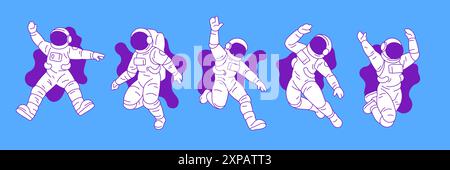 Y2K-Astronaut im Freiraum Konturvektorillustrationen Set. Kosmonauten in Raumanzügen futuristische Galaxien-Explorationselemente für Aufkleber, Drucke und Stock Vektor