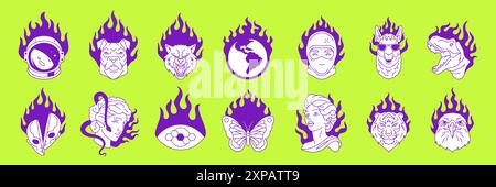 Y2K Tiere Köpfe mit Flammen in Tattoo Pop Art Stil Vektor Illustrationen Set. Psychedelische trendige neo-Gothic-Grafiken für Aufkleber, Aufdruck und T-Shirt Stock Vektor