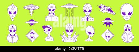 Y2K surreale Science Fiction Aliens zeitgenössische Pop Art Stil Vektor Illustrationen Set. Psychedelische, trendige UFO-Grafikelemente für Aufkleber, Aufdruck und Stock Vektor