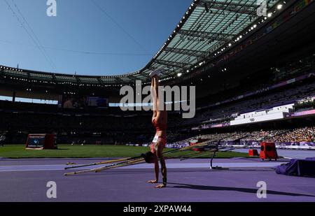 Paris, Frankreich. August 2024. Alysha Newman aus Kanada reagiert vor der Qualifikation der Frauen bei den Olympischen Spielen 2024 in Paris, Frankreich, 5. August 2024. Quelle: Li Ming/Xinhua/Alamy Live News Stockfoto