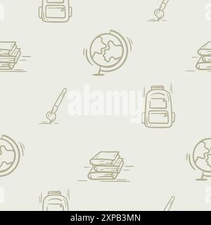 Nahtloses Muster mit Schule, Herbst, Lernen, Kindheit. Illustration mit Ikonen von Globus, Rucksack, Lehrbüchern, Pinsel Stock Vektor