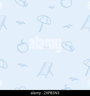Nahtloses Muster mit Urlaub, Reisen und Erholung am Meer. Illustration mit Regenschirm, Stuhl, Hut und Cocktail Stock Vektor