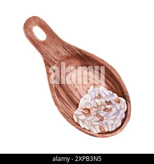 Servierlöffel aus Holz mit gekochtem Reis. Handgefertigte Schöpfkelle. Handgezeichnete Aquarellillustration isoliert vom Hintergrund. Rustikales Utensil für Bio mar Stockfoto