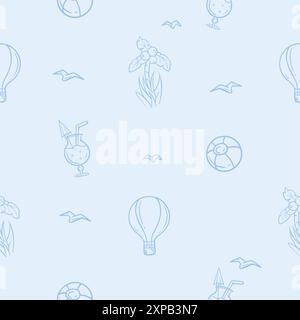 Nahtloses Muster mit Urlaub, Reisen und Erholung am Meer. Illustration mit Ballon, Palme, Ball und Cocktail Stock Vektor