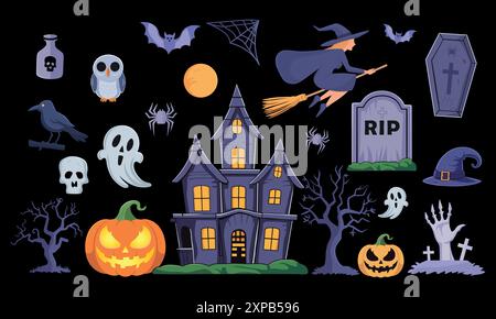 Sammlung von gruseligen Halloween Vektor-Illustrationselementen. Spukhaus, gruseliger Baum, fliegende Hexe, Kürbisse, halloween-Geist, Eulen, Sargdeckel usw. Stock Vektor