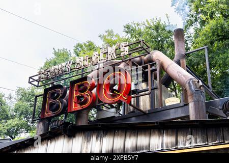 Rauchpfeifen und Neonschilder bei Terry Black's BBQ, Austin, Texas Stockfoto