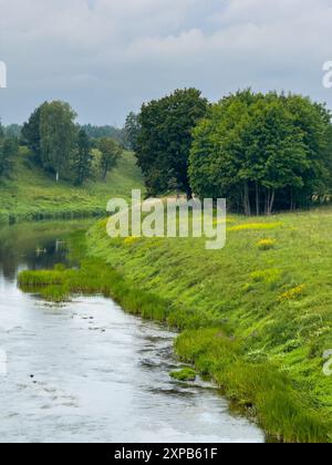 Ruhige Landschaft mit einem ruhigen Fluss, üppigen grünen Bäumen und grasbewachsenen Ufern unter bewölktem Himmel Stockfoto