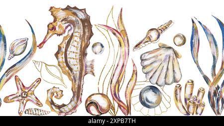 Grafische Acryl-Muscheln, Seepferd und Korallen nahtlose Randillustration, Ocean Life Frame Clipart Stockfoto