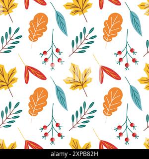 Nahtloses Herbstmuster im flachen Stil. Farbenfrohe Blätter. Hintergrund für Textilien, Stoffe, Umschläge, Tapeten, Druck, Verpackung, Postkarte. Vektor Stock Vektor