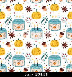 Nahtloses Muster mit Kerze in einem Glasbecher. Flacher STYLE. Brennende Kerze mit Kürbis, Eichel, rowan Beere und Zimt. Herbstdesign. Vektor Stock Vektor