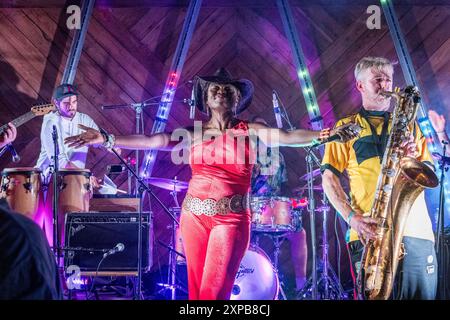 London Afrobeat Collective tritt in der kleinen Grenzstadt Presteigne, Mitte Wales, Großbritannien auf Stockfoto