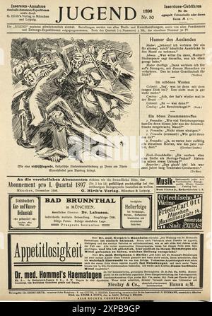 Alte Zeitschriftenseite, Deutsch, Jugend, Cartoon, Studentenaufstand, Werbung aus den 1890er Jahren, 19. Jahrhundert Stockfoto