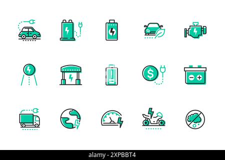 Elektroautos – Set mit Symbolen im Liniendesign Stock Vektor