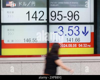 Tokio, Japan. August 2024. Ein Fußgänger kommt am Montag, 5. August 2024, vor einer Devisenbörse in Tokio vorbei. Der US-Dollar wird am Tokioter Devisenmarkt zu 142 Yen gehandelt. (Foto: Yoshio Tsunoda/AFLO) Stockfoto