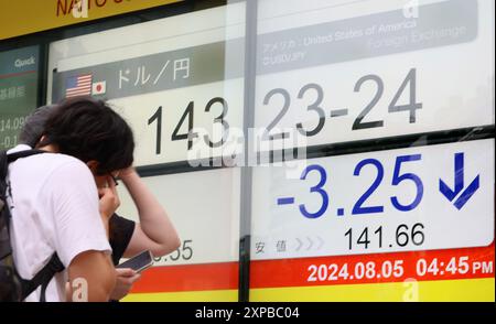 Tokio, Japan. August 2024. Ein Fußgänger kommt am Montag, 5. August 2024, vor einer Devisenbörse in Tokio vorbei. Der US-Dollar wird am Tokioter Devisenmarkt zu 143 Yen gehandelt. (Foto: Yoshio Tsunoda/AFLO) Stockfoto