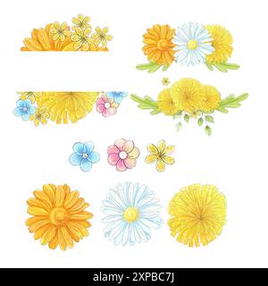 Set mit Aquarellrahmen, Rahmen Eimer mit Primeln. Kamille, Löwenzahn, Gänseblümchen. Romantische Grenzen. Schöne Blumen für Stockfoto