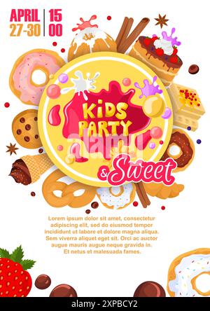 Kinderparty mit Süßigkeiten und Desserts Einladungsplakat Stock Vektor