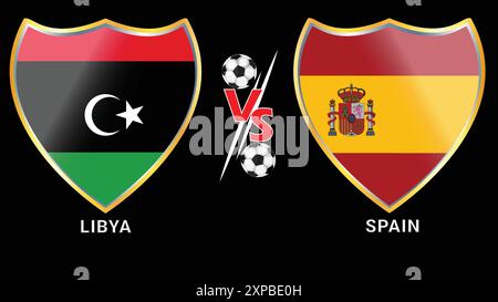Fußball-Spiel Libyen gegen Spanien mit schwarzem Hintergrund und gegen Fahnen Stock Vektor