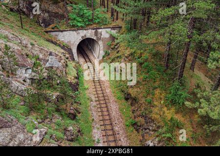 Aus der Vogelperspektive auf die berühmte Eisenbahnstrecke Shargan Acht im Tunnel, die sich durch Täler und Wälder schlängelt und eine einzigartige Besichtigungstour bietet Stockfoto