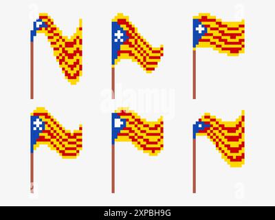 Pixelart Set von katalanischen Flaggensymbolen isoliert auf weißem Hintergrund. Schwenkende Flagge Kataloniens im 8-Bit-Retro-Grafikstil der 80er Jahre Pixelart Stil Desi Stock Vektor