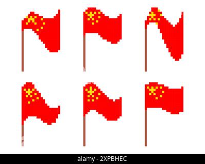 Pixelsatz von Symbolen für China-Flaggen isoliert auf weißem Hintergrund. Schwenkende Flagge Chinas im 8-Bit-Retro-Grafikstil der 80er Jahre Pixeldesign für banne Stock Vektor