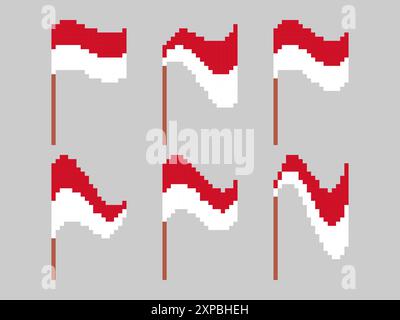 Pixel Monaco Flag-Symbolsatz isoliert auf weißem Hintergrund. Winkende Flagge von Monaco im 8-Bit-Retro-Grafikstil aus den 80er Jahren Design im Pixelstil f Stock Vektor