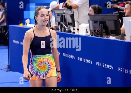 Paris, Frankreich. August 2024. PARIS, FRANKREICH - 5. AUGUST: Else Praasterink aus den Niederlanden, nachdem er am 10. Tag des Tauchens an der 10-m-Plattform der Frauen teilgenommen hatte - Olympische Spiele Paris 2024 im Aquatics Centre am 5. August 2024 in Paris, Frankreich. (Foto: Joris Verwijst/BSR Agency) Credit: BSR Agency/Alamy Live News Stockfoto