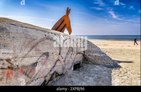 Maultiere Pferde Bunker am Strand Blaavand im westlichsten Teil Dänemarks Stockfoto