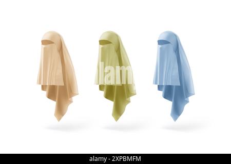 Leeres farbiges Niqab-Modell für Frauen, Seitenansicht, 3D-Rendering. Leerer rosafarbener, grüner und blauer islamischer Eulen-Kopfschmuck, isoliert. Transparenter arabischer Stoff Stockfoto