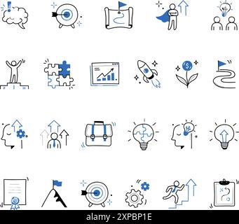 MobileBusiness Idea Symbolgruppe. Geschäftsstrategie, Finanzziel, Konzept der Startup-Idee. Rakete, Ziel, Gehirn süßes Element Stock Vektor
